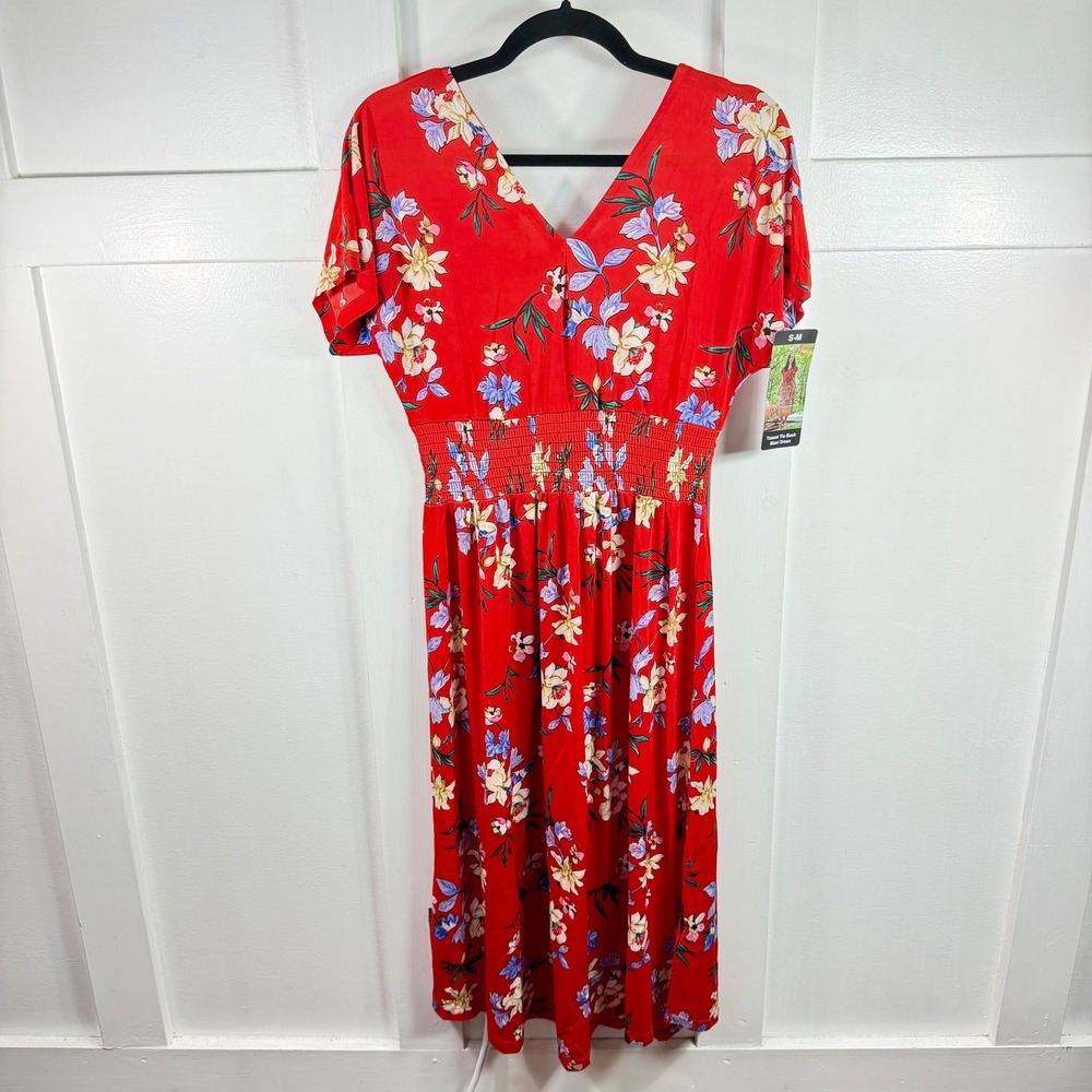 Lildy Red Floral Tassel Tie Back Maxi Dress Smocked Waist S-M New